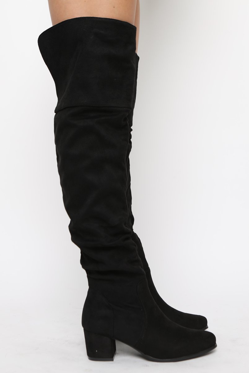 Black Suede Split Back Heeled Knee High Boots - Reyna-Boots
