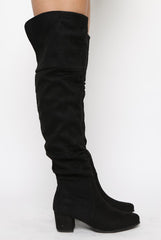 Black Suede Split Back Heeled Knee High Boots - Reyna-Boots