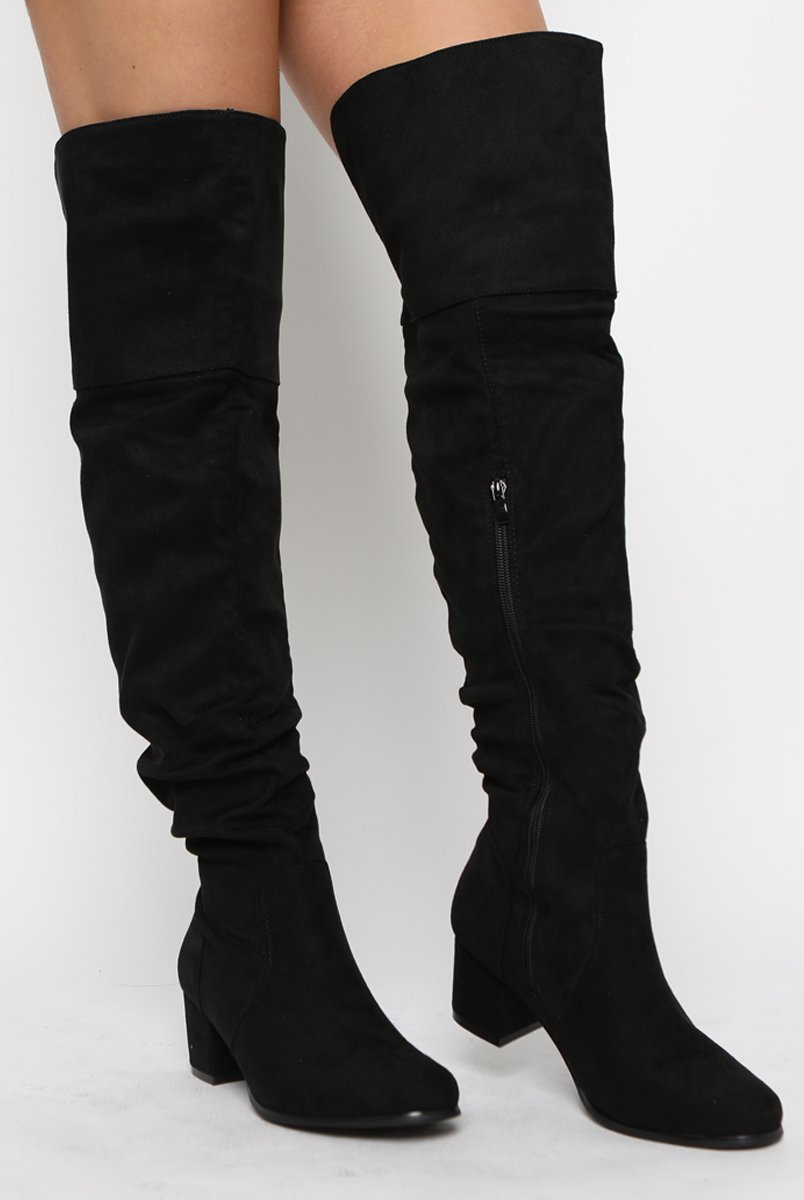 Black Suede Split Back Heeled Knee High Boots - Reyna-Boots