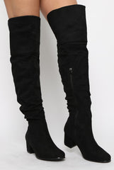 Black Suede Split Back Heeled Knee High Boots - Reyna-Boots