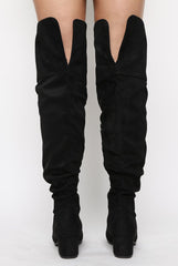 Black Suede Split Back Heeled Knee High Boots - Reyna-Boots