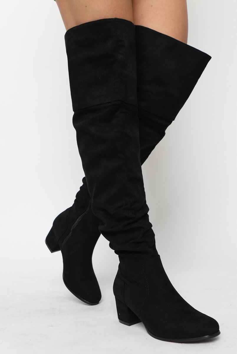Black Suede Split Back Heeled Knee High Boots - Reyna-Boots