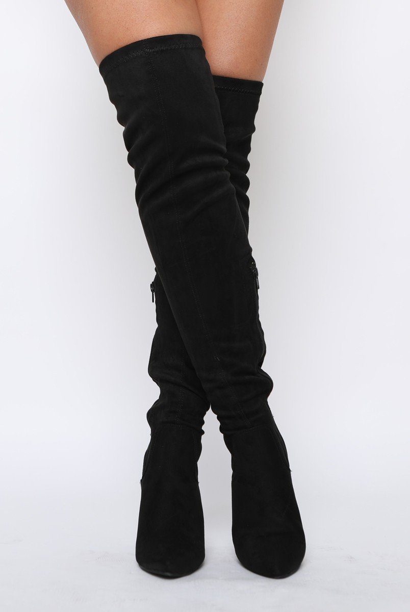 Black Suede Stiletto Heel Over The Knee Boots - Kaira-Boots