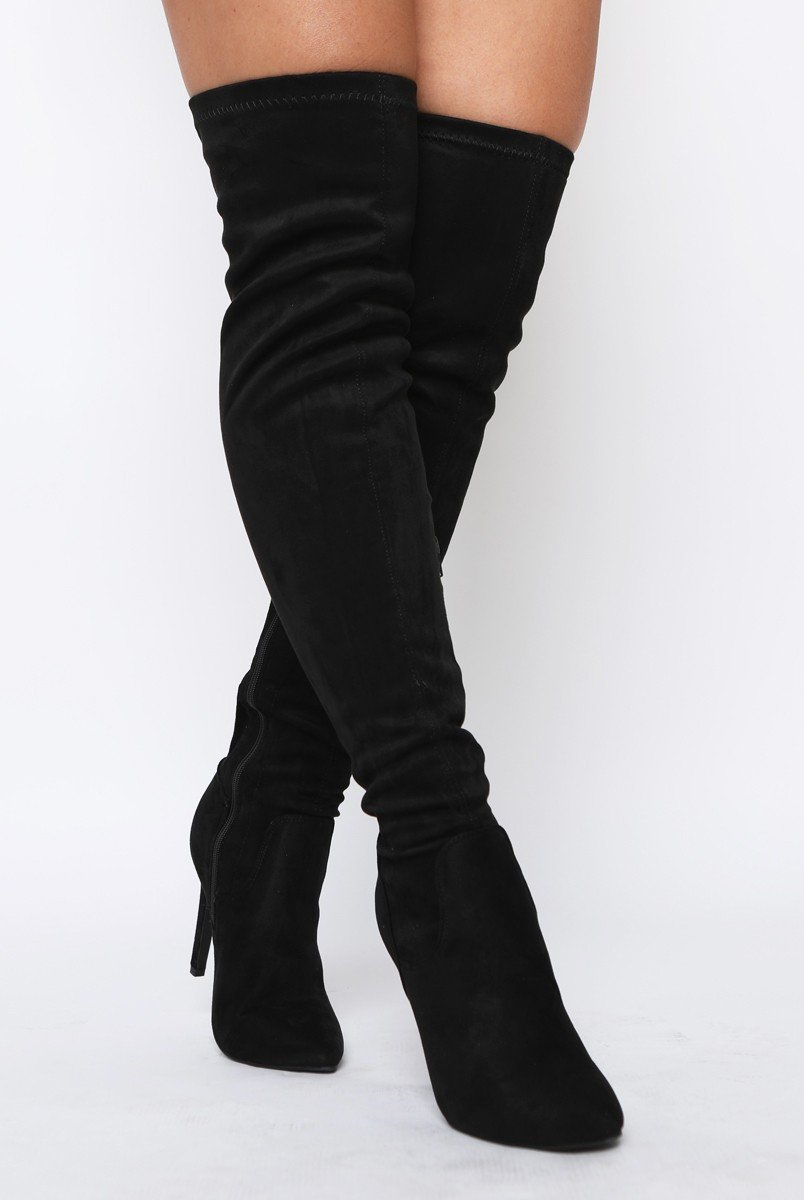 Black Suede Stiletto Heel Over The Knee Boots - Kaira-Boots