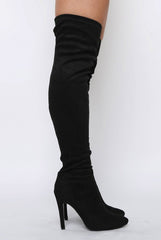 Black Suede Stiletto Heel Over The Knee Boots - Kaira-Boots