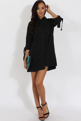 Black Suede Tie Cuff Oversized Shirt Dress - Deborah-Dresses