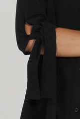 Black Suede Tie Cuff Oversized Shirt Dress - Deborah-Dresses