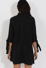 Black Suede Tie Cuff Oversized Shirt Dress - Deborah-Dresses