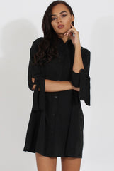 Black Suede Tie Cuff Oversized Shirt Dress - Deborah-Dresses