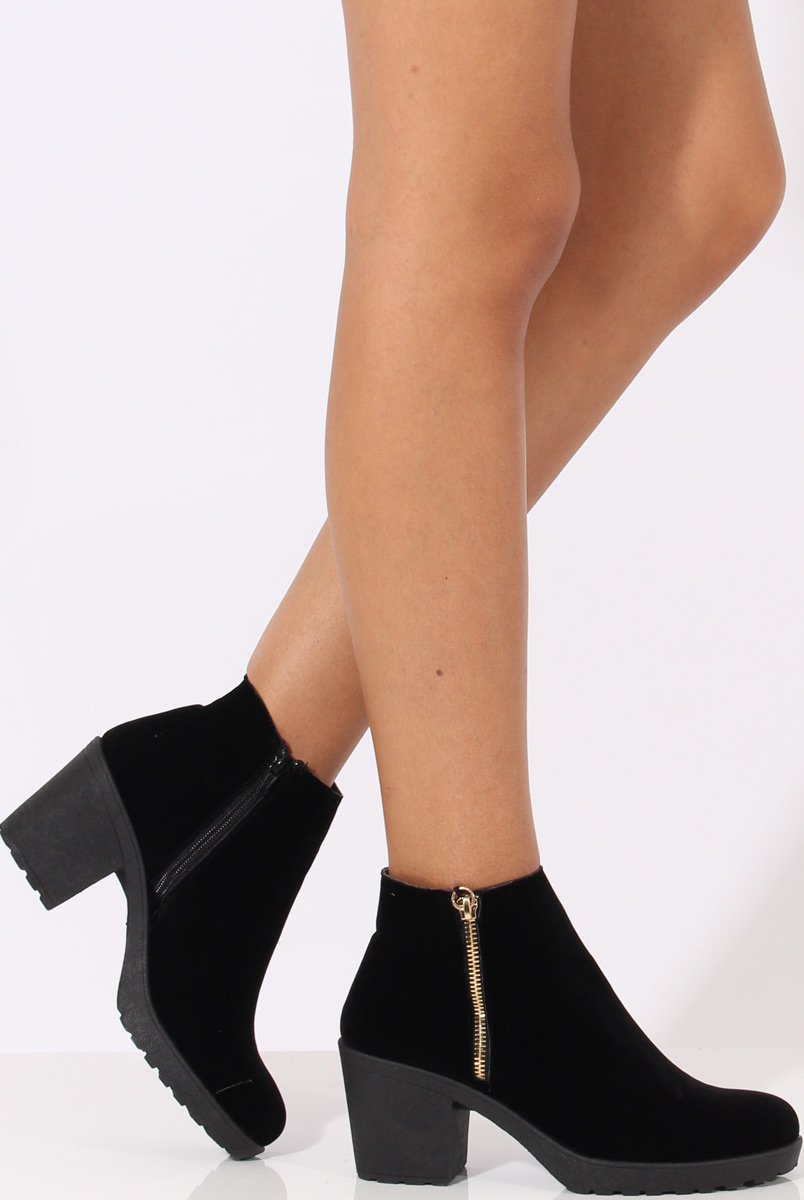 Black Suede Zip Detail Ankle Heeled Boots - Casey-Boots