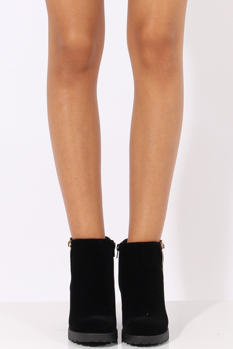 Black Suede Zip Detail Ankle Heeled Boots - Casey-Boots