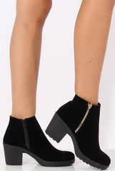 Black Suede Zip Detail Ankle Heeled Boots - Casey-Boots