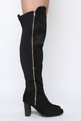 Black Suede Zip Detail Heeled Over The Knee Boots - Tara-Boots