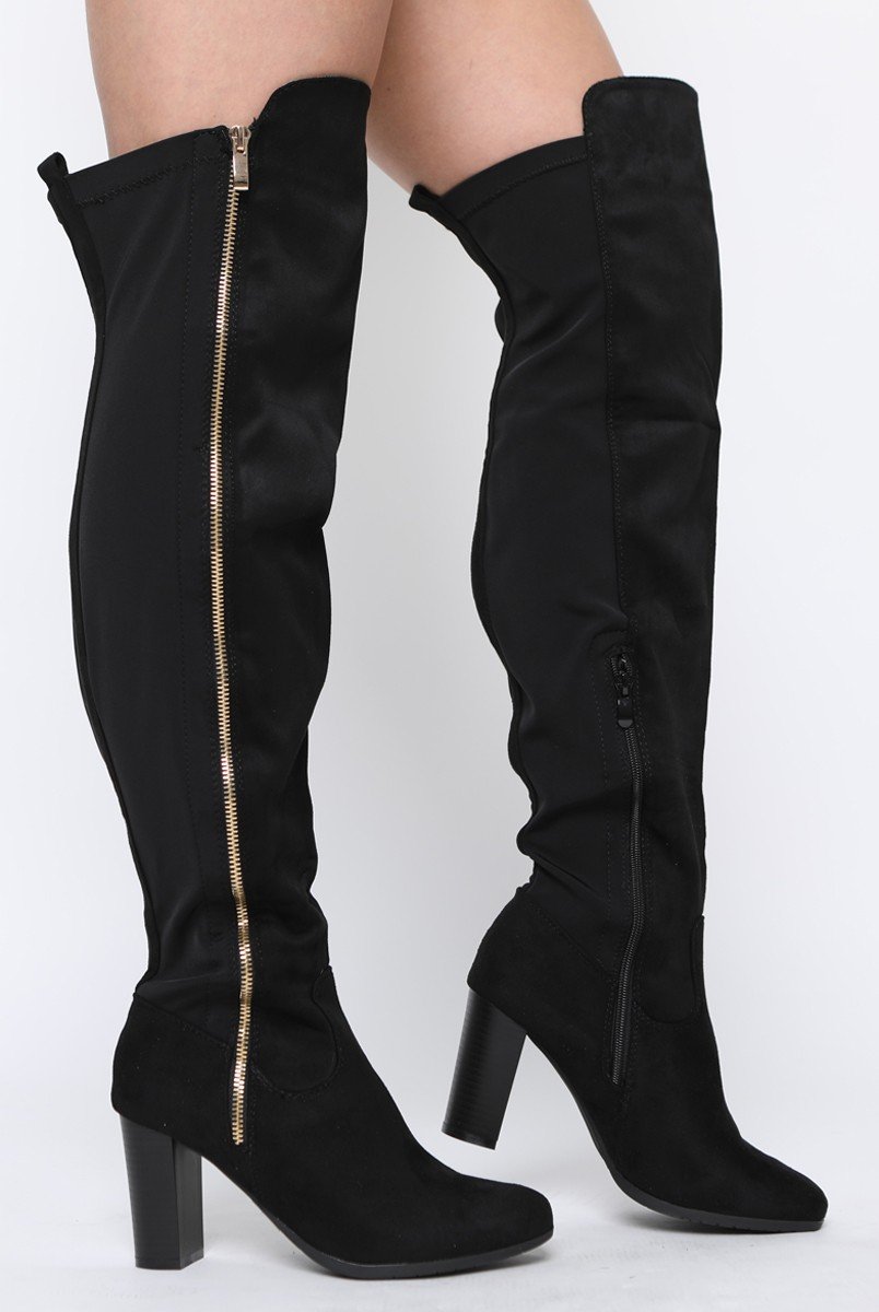 Black Suede Zip Detail Heeled Over The Knee Boots - Tara-Boots