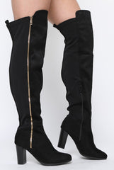 Black Suede Zip Detail Heeled Over The Knee Boots - Tara-Boots