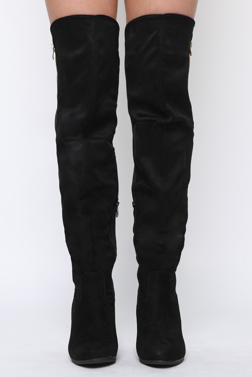 Black Suede Zip Detail Heeled Over The Knee Boots - Tara-Boots