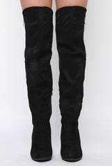 Black Suede Zip Detail Heeled Over The Knee Boots - Tara-Boots