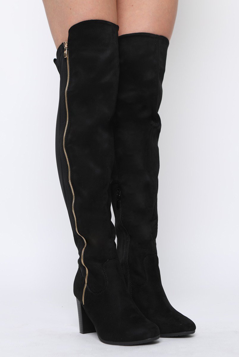 Black Suede Zip Detail Heeled Over The Knee Boots - Tara-Boots