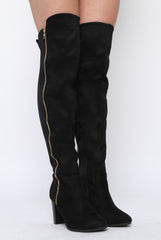 Black Suede Zip Detail Heeled Over The Knee Boots - Tara-Boots