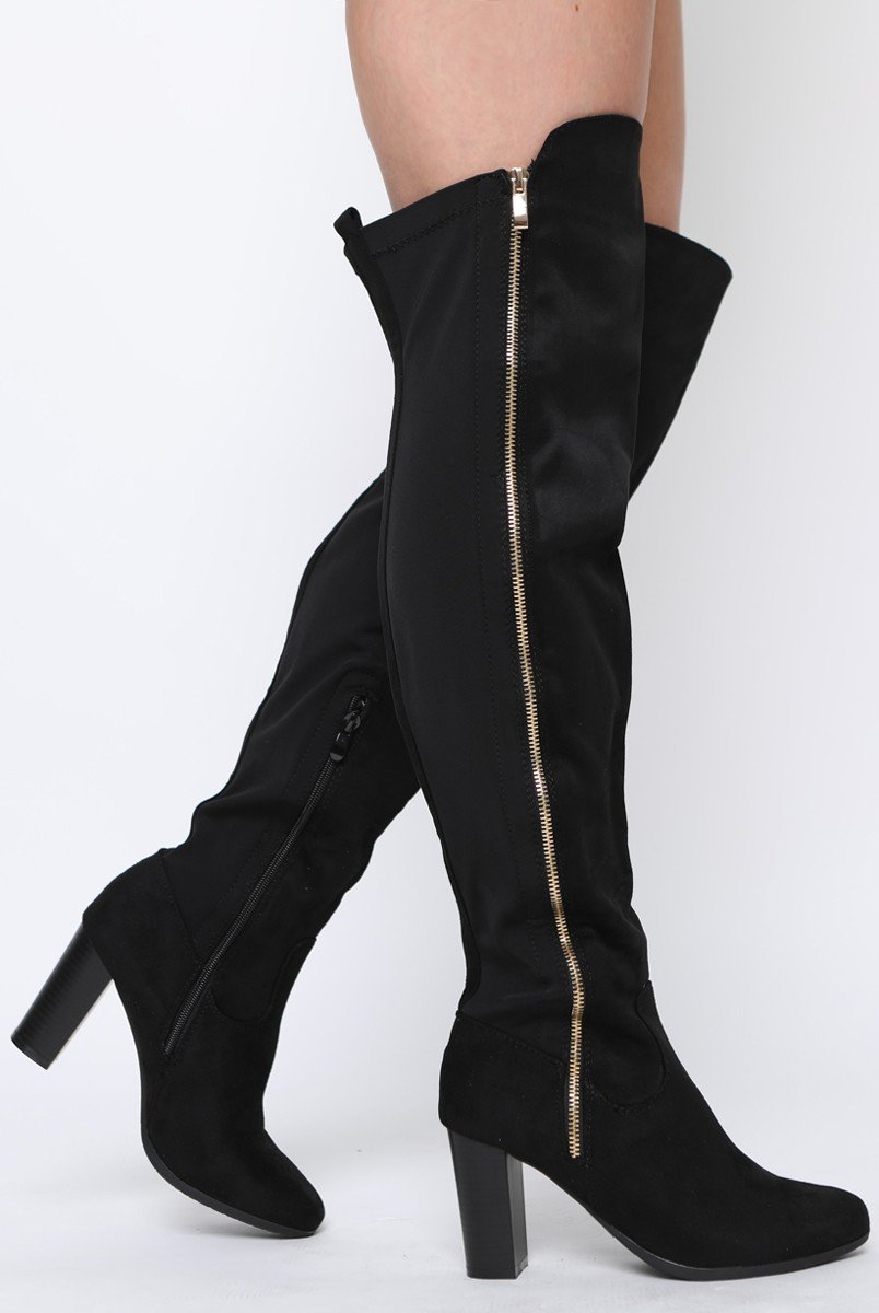 Black Suede Zip Detail Heeled Over The Knee Boots - Tara-Boots
