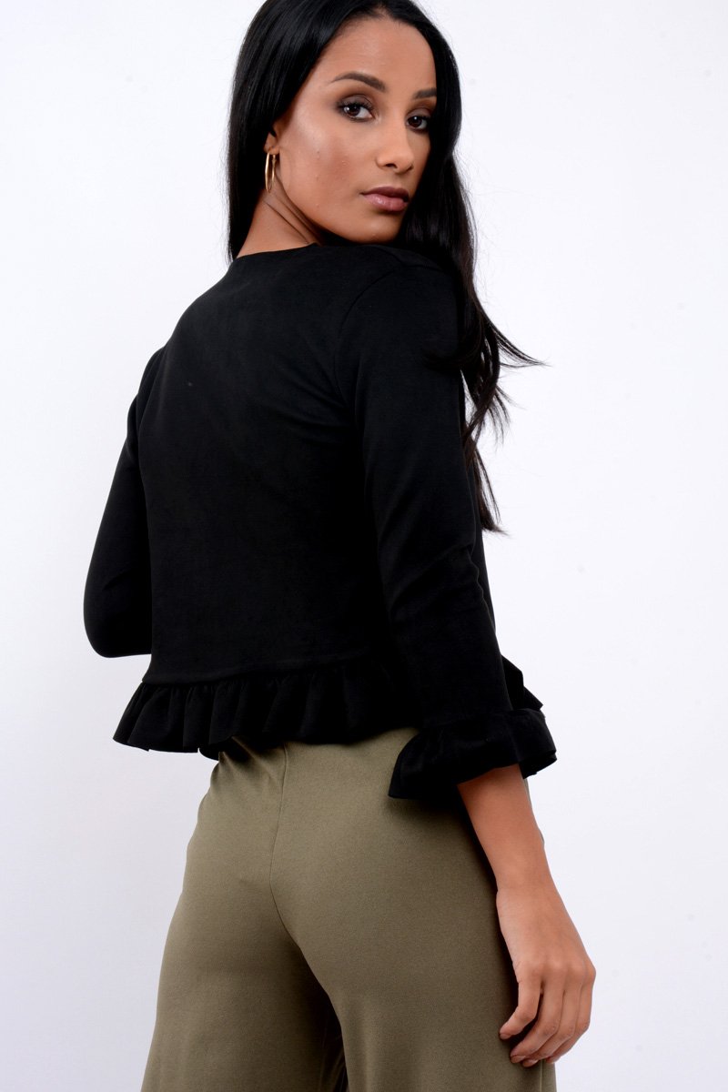 Black Suedette Frill Hems Jacket - Elsa-Jackets