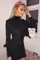 Black Suedette Frill Hems Jacket - Elsa-Jackets