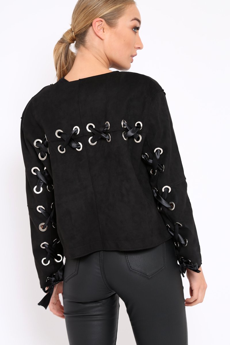 Black Suedette Lace Back Jacket - Karey-Jackets