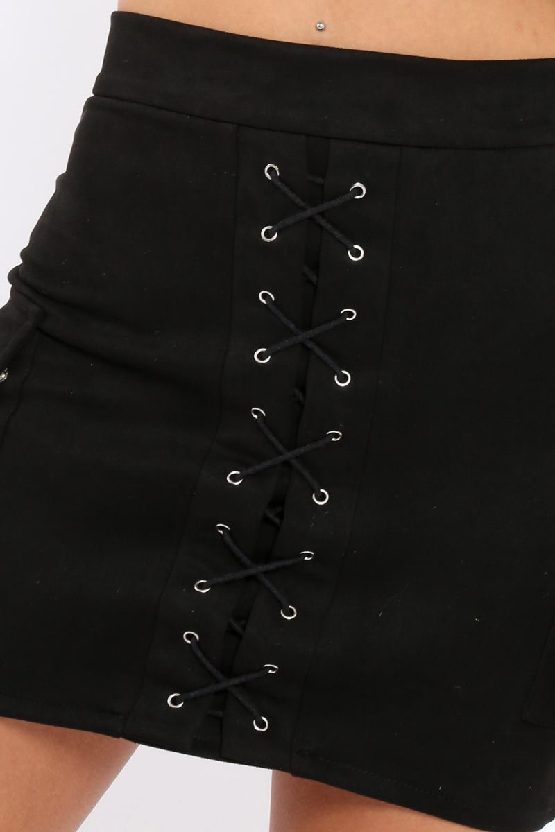 Black Suedette Lace Up Skirt - Ressie-Skirts