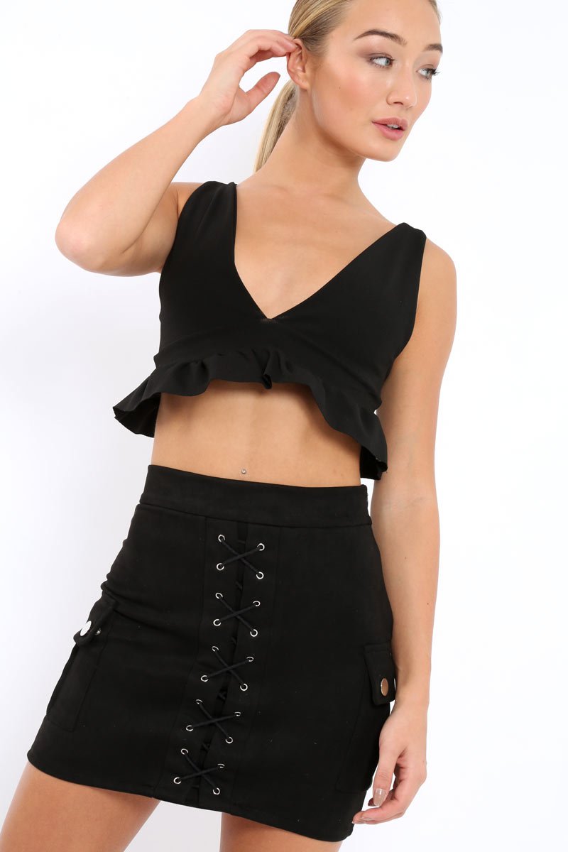 Black Suedette Lace Up Skirt - Ressie-Skirts