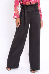 Black Suedette Paper Bag Tie Waist Wide Leg Trousers - Kennedy-Trousers