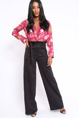 Black Suedette Paper Bag Tie Waist Wide Leg Trousers - Kennedy-Trousers