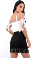 Black Suedette Skirt with Embroidered Detailing - Marie-Skirts