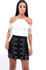 Black Suedette Skirt with Embroidered Detailing - Marie-Skirts
