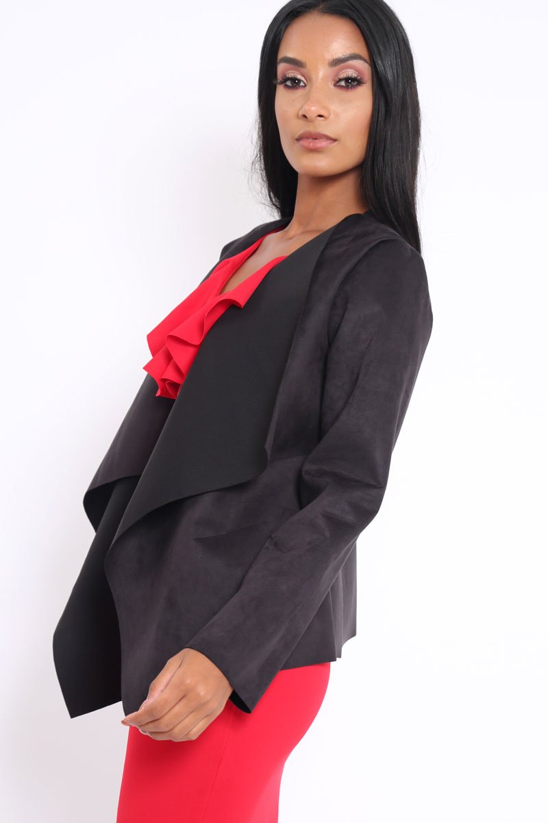 Black Suedette Waterfall Jacket - Kallie-Jackets