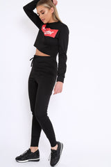 Black Super Red Slogan Crop Jumper And Joggers Loungerwear Set - olita-Loungewear