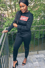 Black Super Red Slogan Crop Jumper And Joggers Loungerwear Set - olita-Loungewear