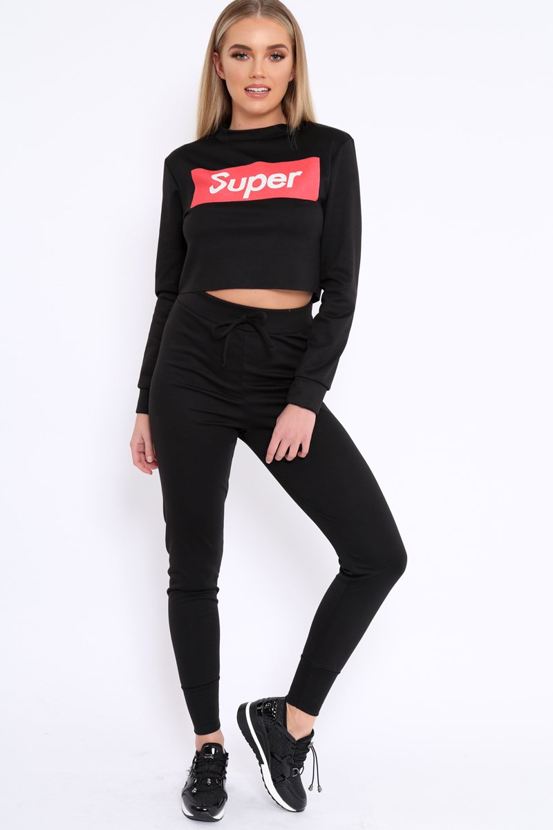 Black Super Red Slogan Crop Jumper And Joggers Loungerwear Set - olita-Loungewear
