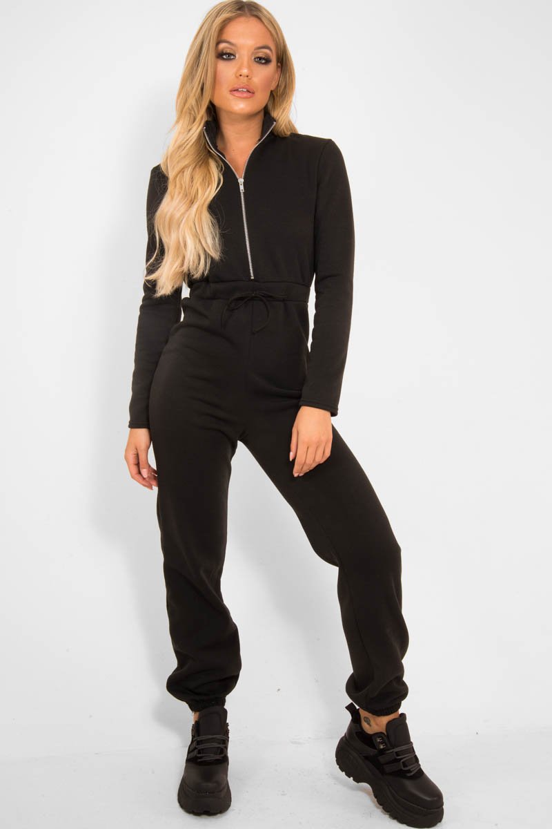 Black Sweat Drawstring Waist Jumpsuit - Darrah-Jumpsuits