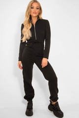 Black Sweat Drawstring Waist Jumpsuit - Darrah-Jumpsuits