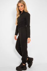 Black Sweat Drawstring Waist Jumpsuit - Darrah-Jumpsuits