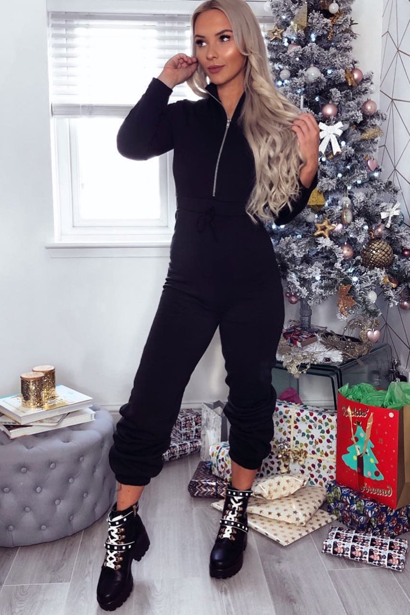 Black Sweat Drawstring Waist Jumpsuit - Darrah-Jumpsuits