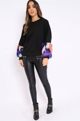 Black Sweatshirt with Multicolour Fur Sleeves - Loise-Jumper