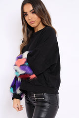 Black Sweatshirt with Multicolour Fur Sleeves - Loise-Jumper