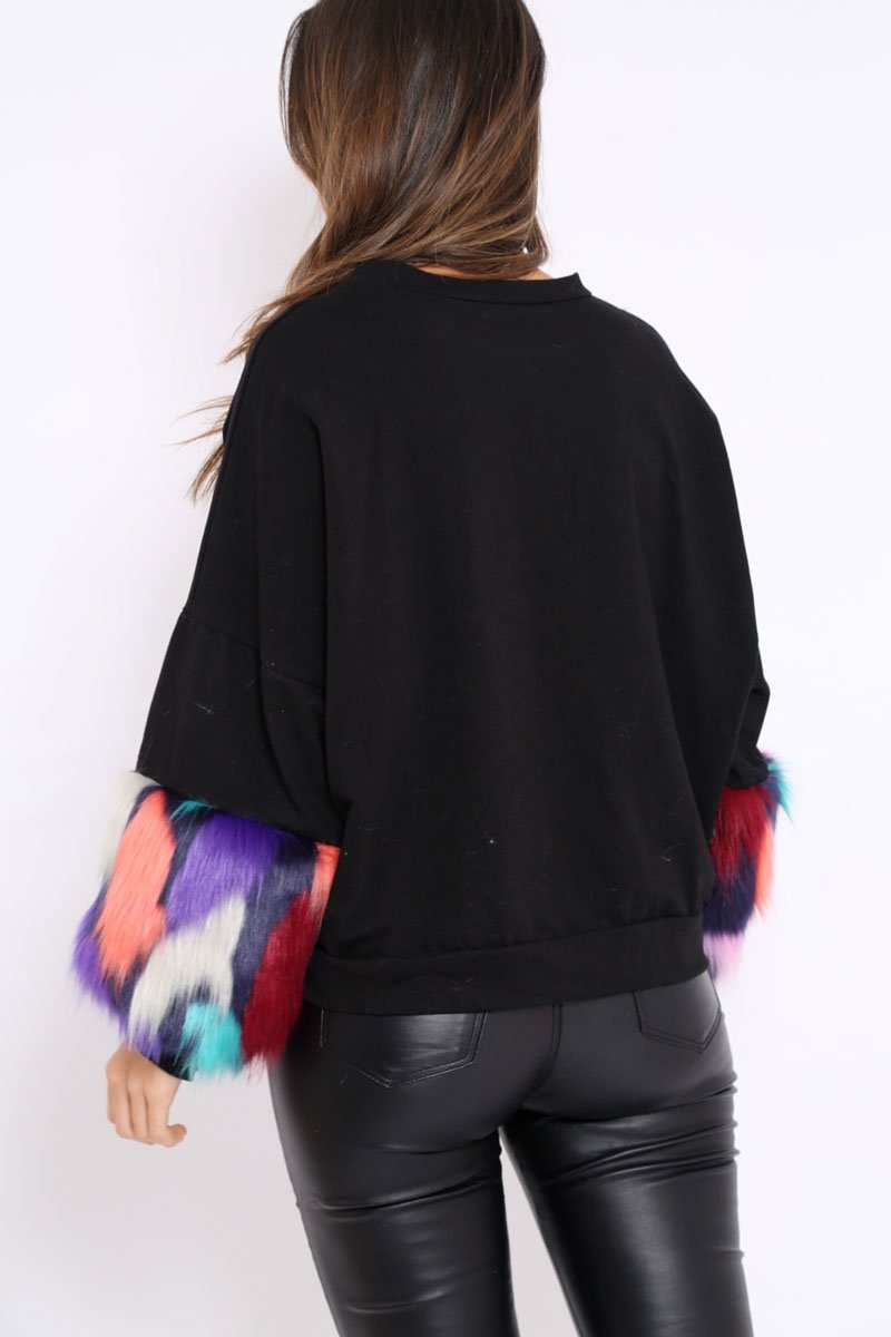 Black Sweatshirt with Multicolour Fur Sleeves - Loise-Jumper