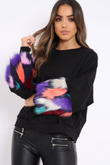 Black Sweatshirt with Multicolour Fur Sleeves - Loise-Jumper