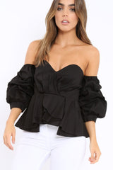 Black Sweet Heart Bardot Top with Ruched Sleeves - Kinza-Tops