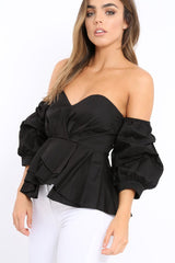 Black Sweet Heart Bardot Top with Ruched Sleeves - Kinza-Tops