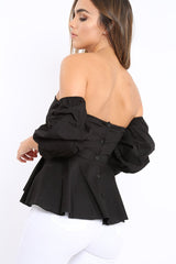 Black Sweet Heart Bardot Top with Ruched Sleeves - Kinza-Tops