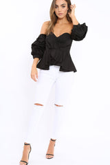 Black Sweet Heart Bardot Top with Ruched Sleeves - Kinza-Tops