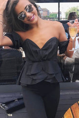 Black Sweet Heart Bardot Top with Ruched Sleeves - Kinza-Tops